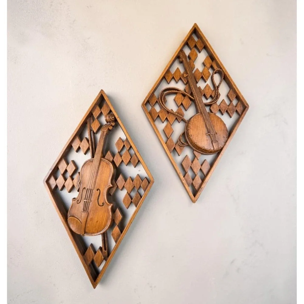 Vintage Set Of 1960s Mid Century Folk Art Musical Wall Plaques Of Violin & Banjo